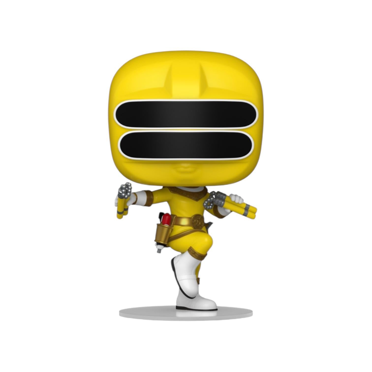 Yellow superhero figure with a white base on a white background