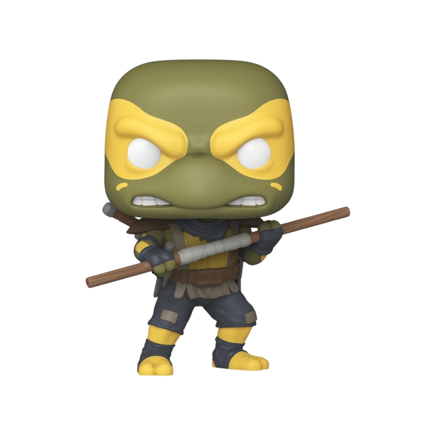 Action figure with green shell and yellow face holding a weapon on a white background