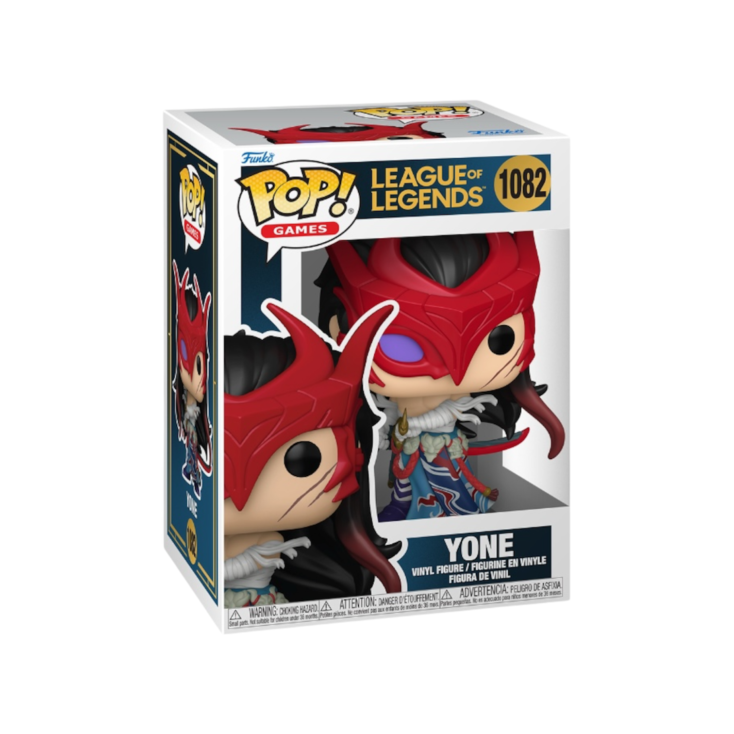 Yone #1082 Funko Pop figure from League of Legends, featuring a stylized character with a sword and blue accents.