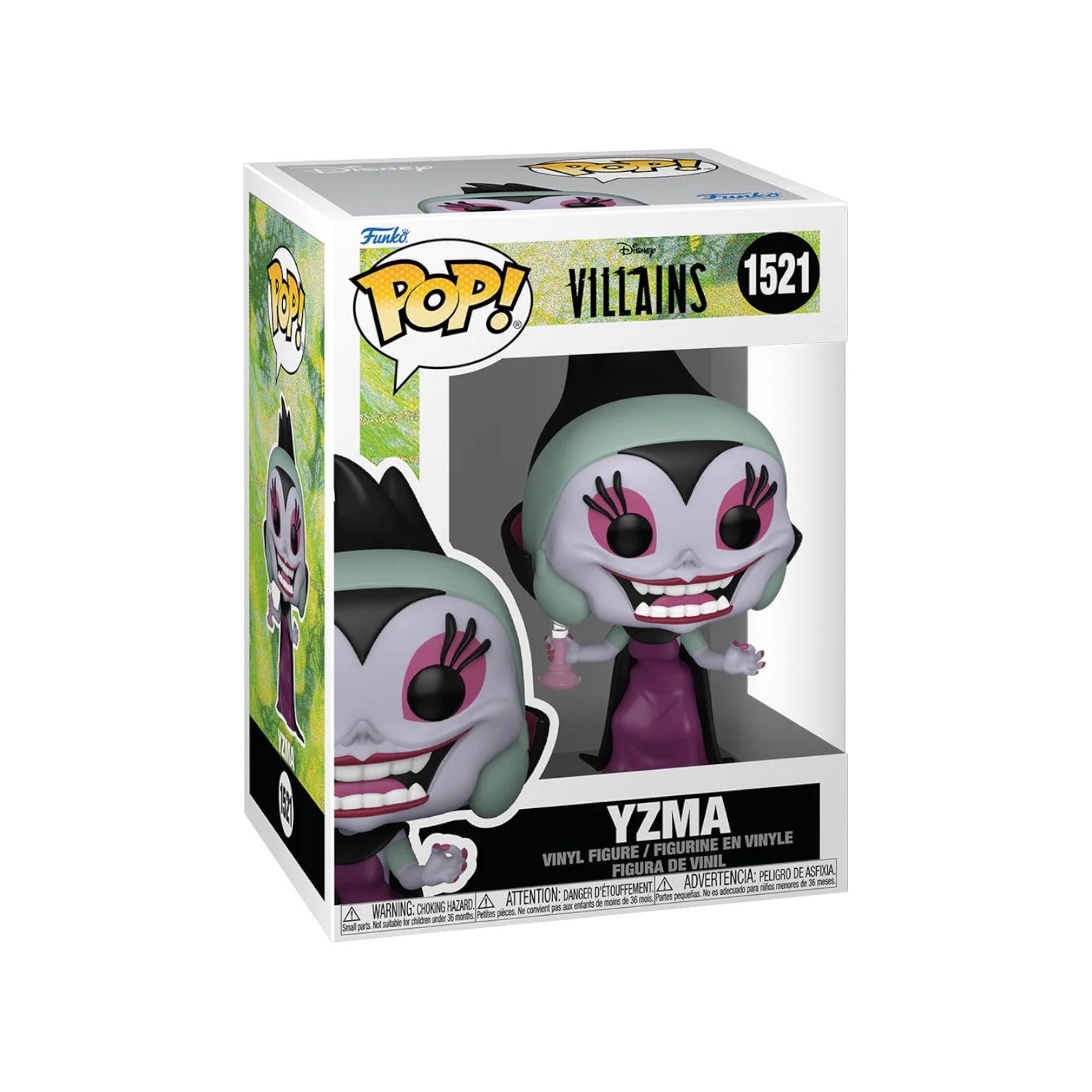 Picture of Yzma Funko pop in box wearing a purple dress with black cloak, holding a potion bottle. with a evil laughing face expression