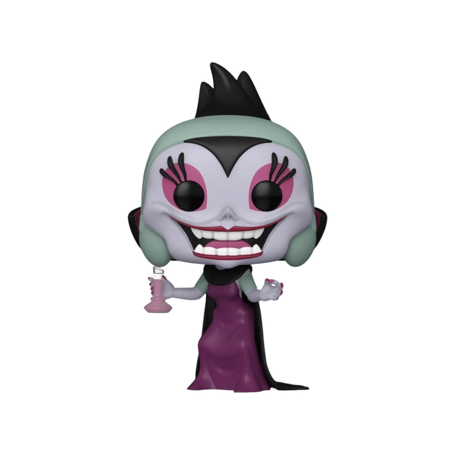 Picture of Yzma Funko pop out of box wearing a purple dress with black cloak, holding a potion bottle. with a evil laughing face expression