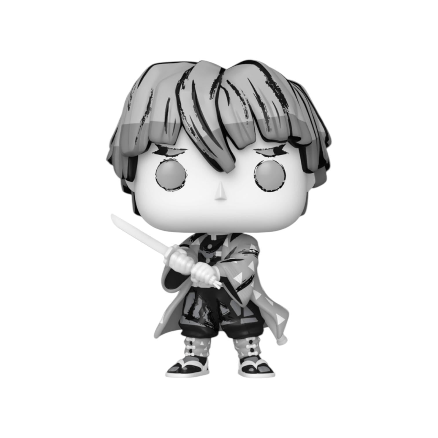 Black and white figurine with a sword on a white background