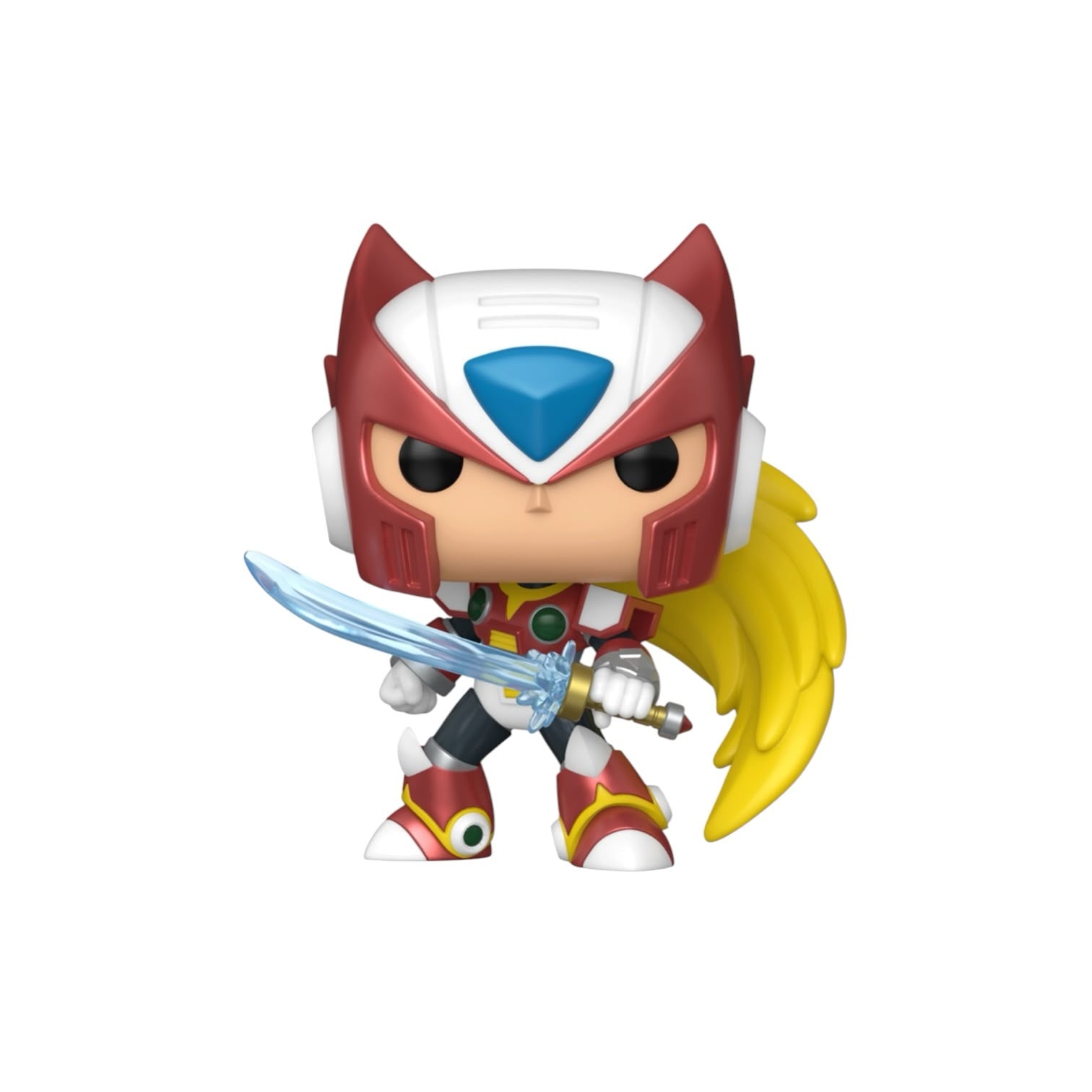 Toy figure with red and white helmet, yellow hair, and holding a sword on a white background