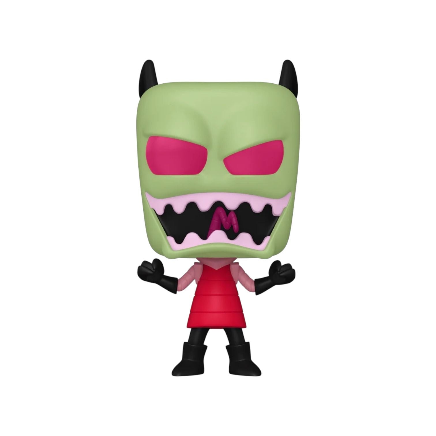 Zim in red outfit, angry expression with black gloves and boots on a white background