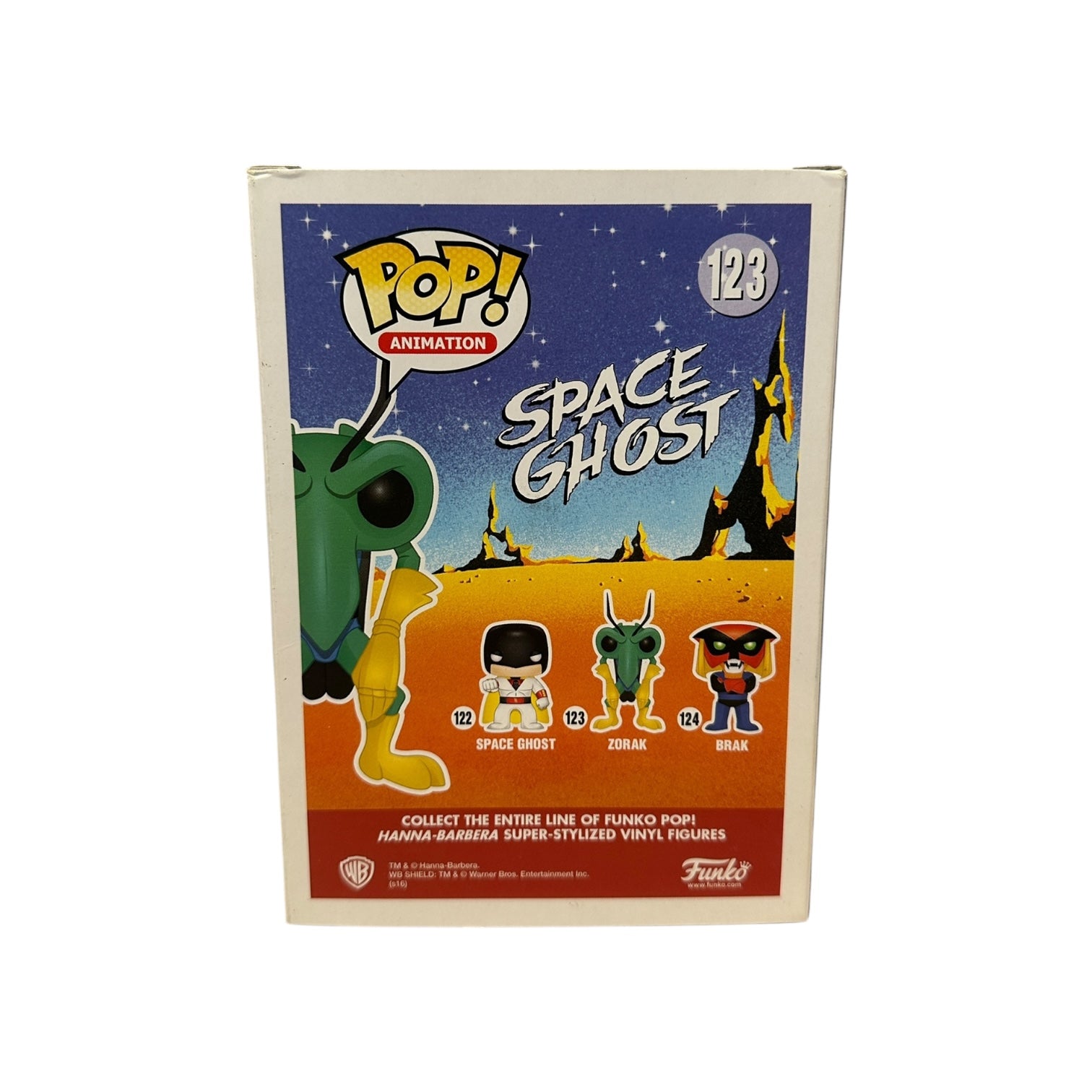 Funko Pop! Animation Space Ghost packaging with character illustrations on a white background