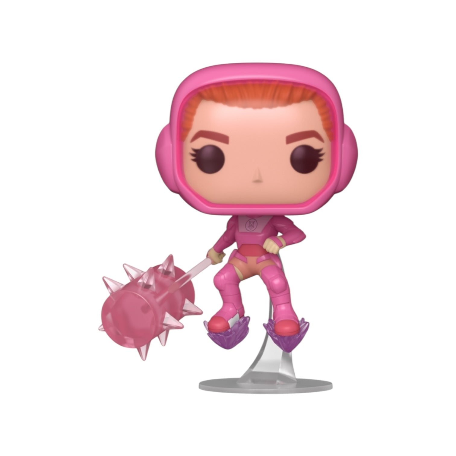 Pink superhero figurine with helmet and weapon on a white background