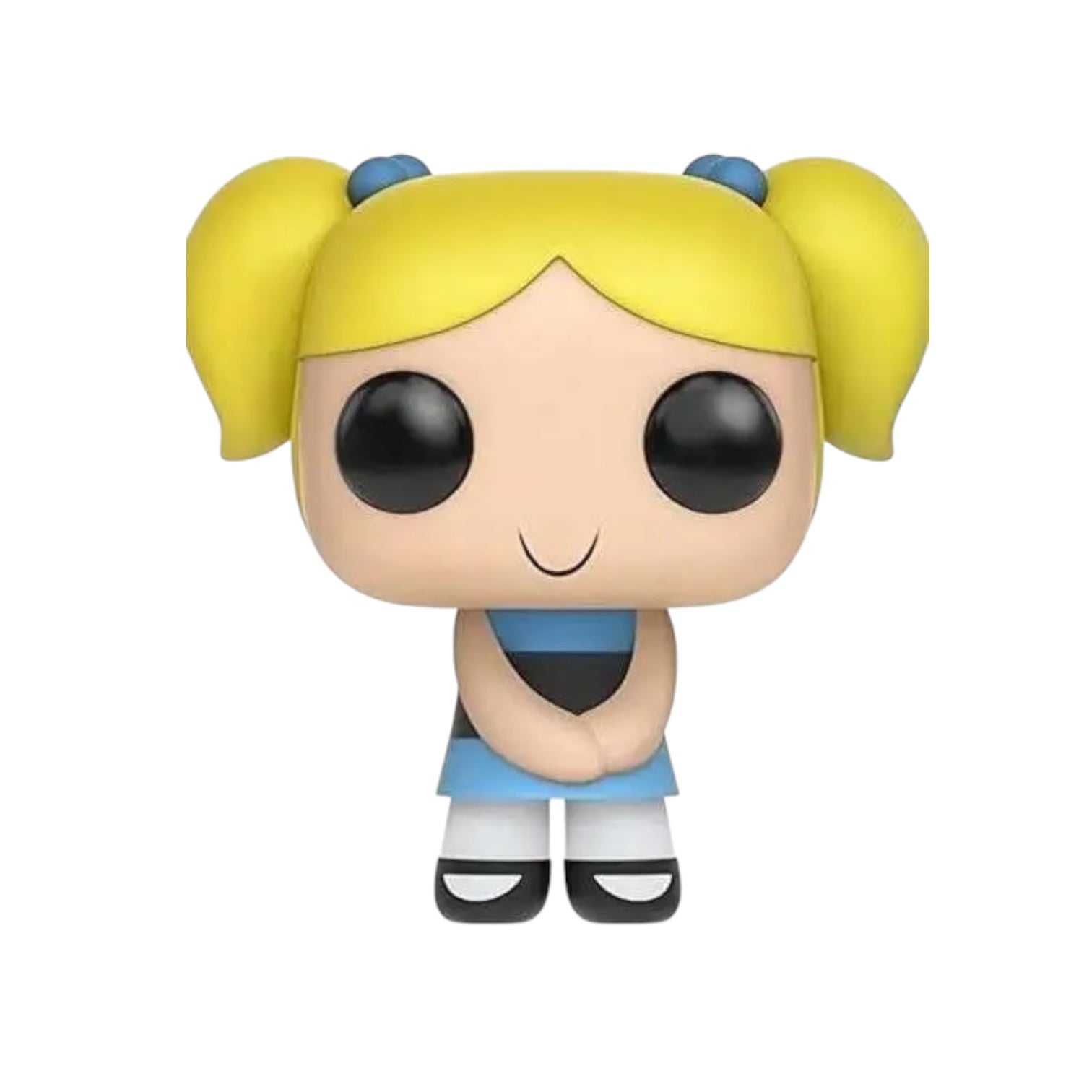 Blonde girl in pigtails in a blue dress with a black band around white tights and black shoes.