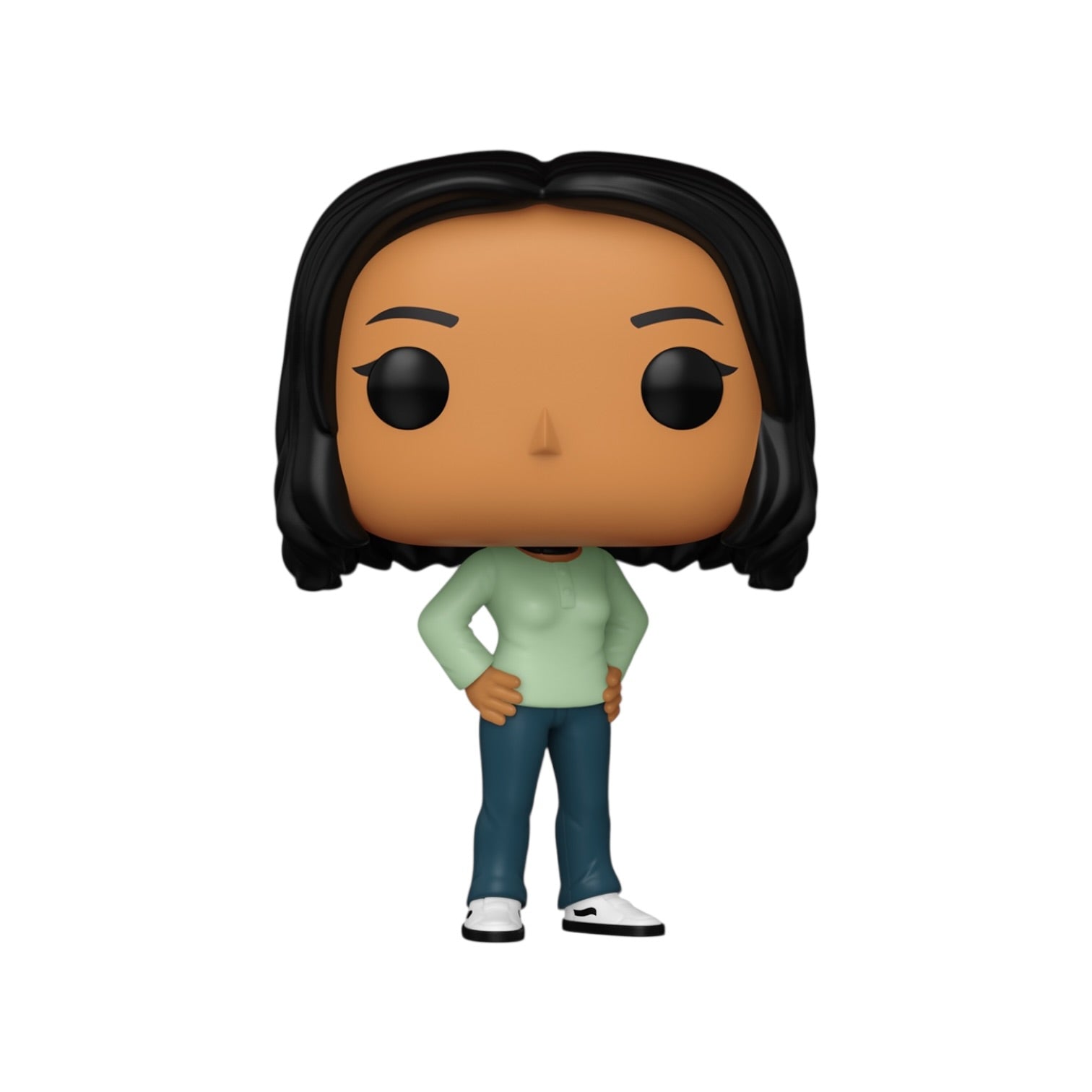 Funko Pop! vinyl figure of a person with black hair, wearing a light green shirt and blue jeans, on a white background.