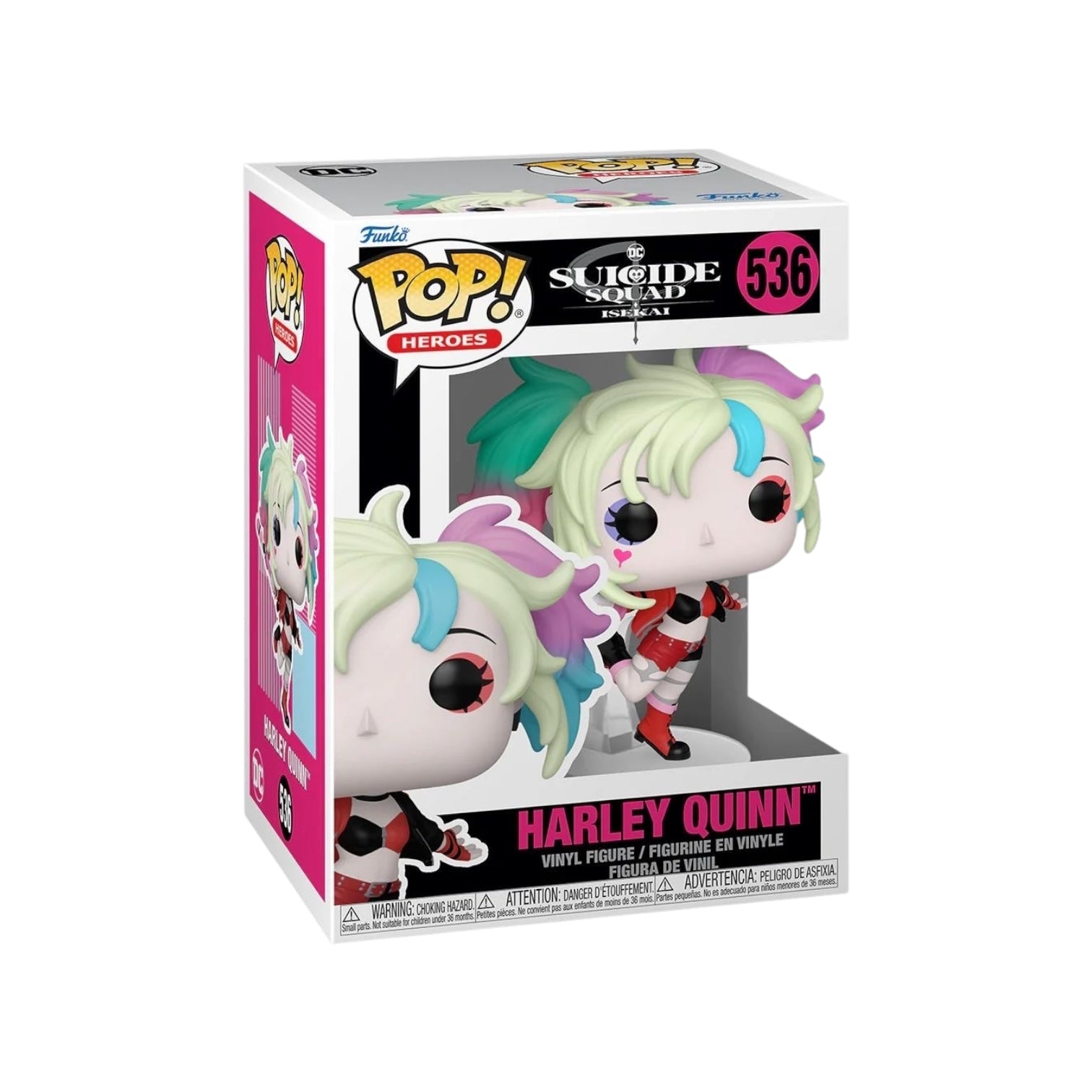 Harley Quinn wearing her ionic black and red outfit, and ,lit coloured hair, holding a pink baseball bat