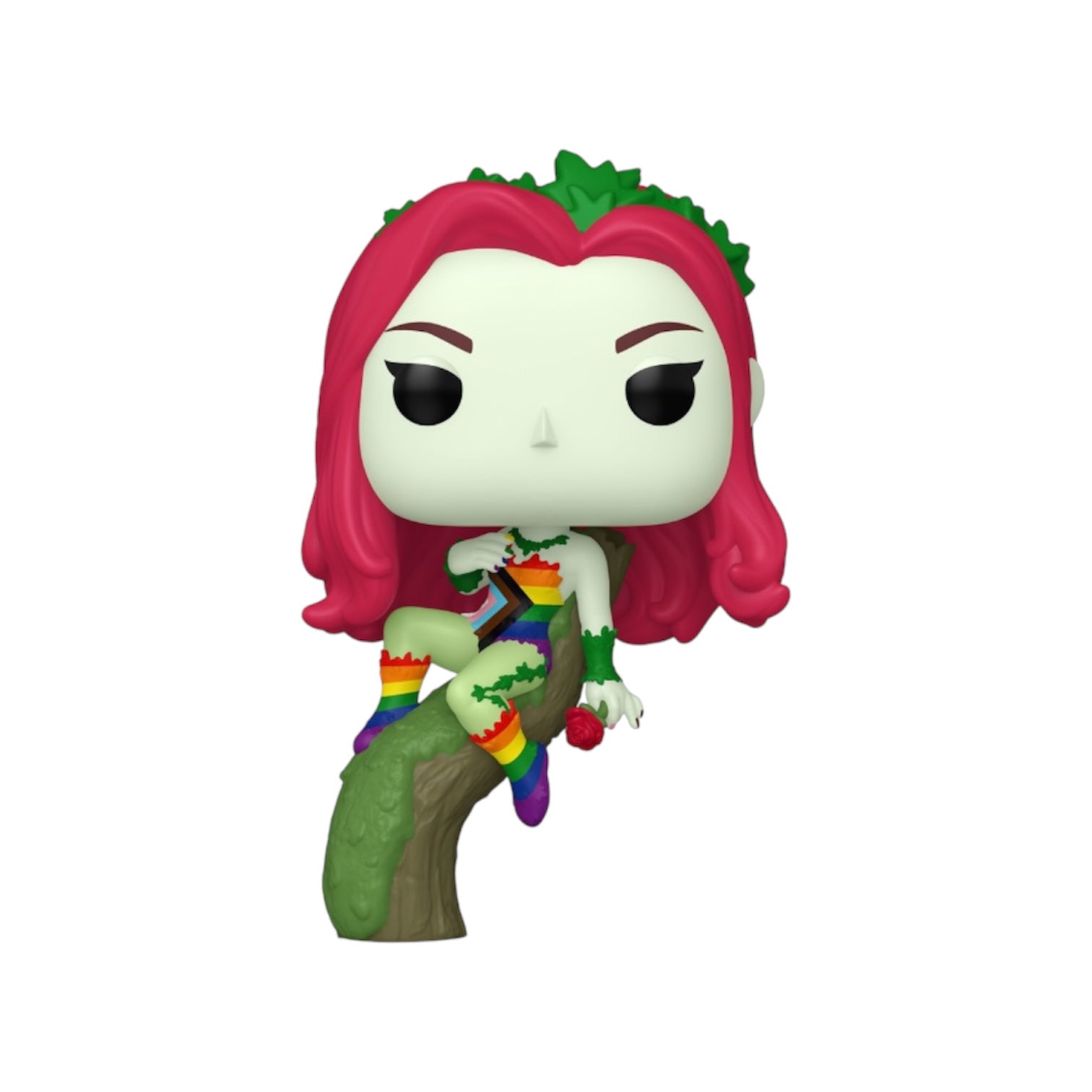 Poison Ivy, red headed poison ivy sitting on a tree trunk holding a rose wearing a multi coloured outift
