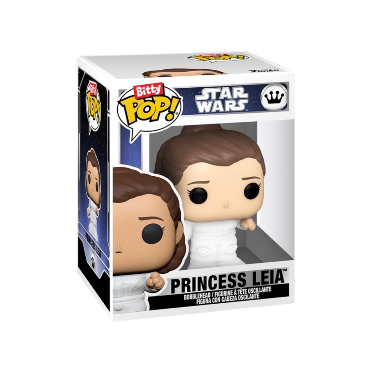 Funko Pop! Princess Leia figure packaging with Bitty Pop! branding on a white background