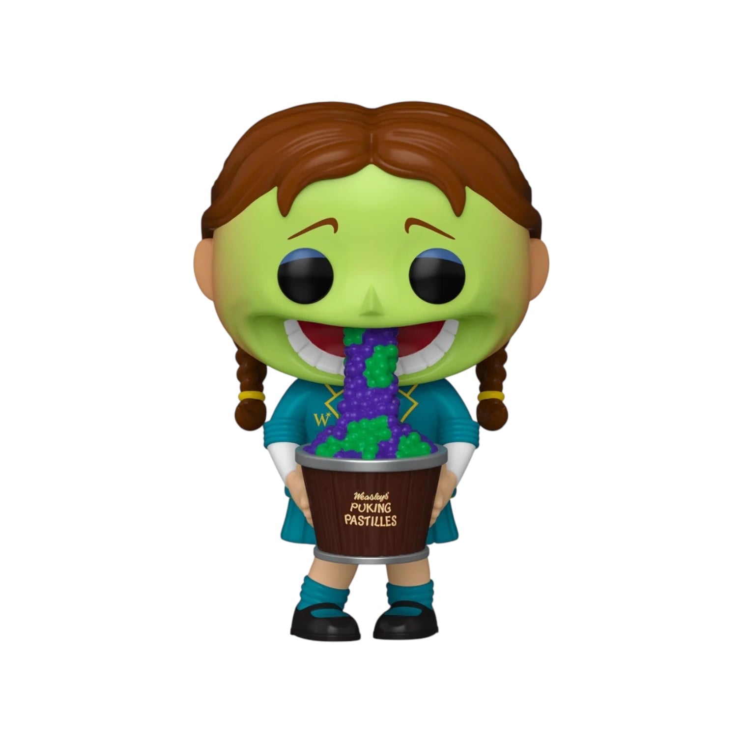 Funko Pop! vinyl figure of a character with green face and brown hair, holding a container labeled 'Wishing potion pastilles'.