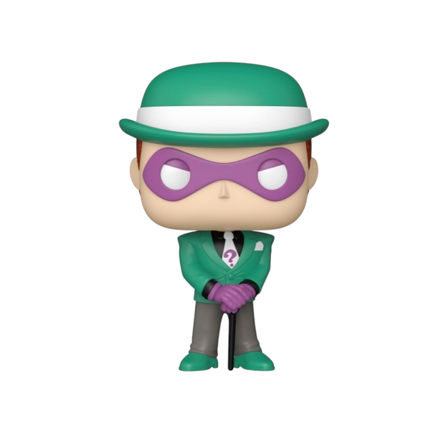 Riddler in a green hat and jack holder a walking cane