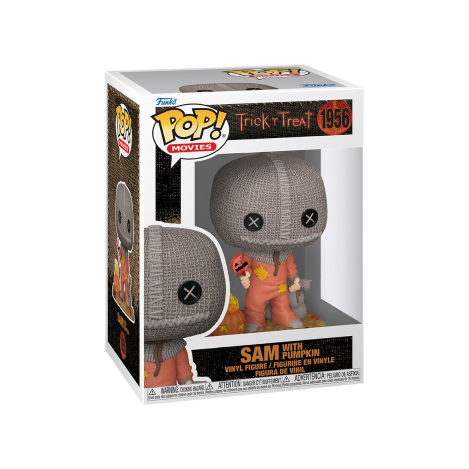 Funko Pop! vinyl figure packaging featuring Sam with a pumpkin from 'Trick 'r Treat'.