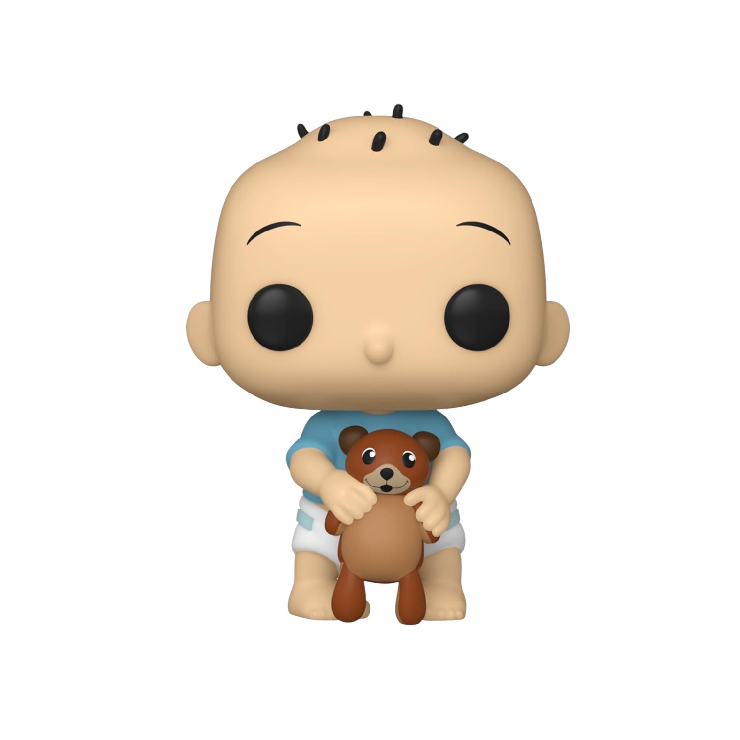 Baby boy wearing a blue t-shirt, white nappy and holding a brown teddy bear.