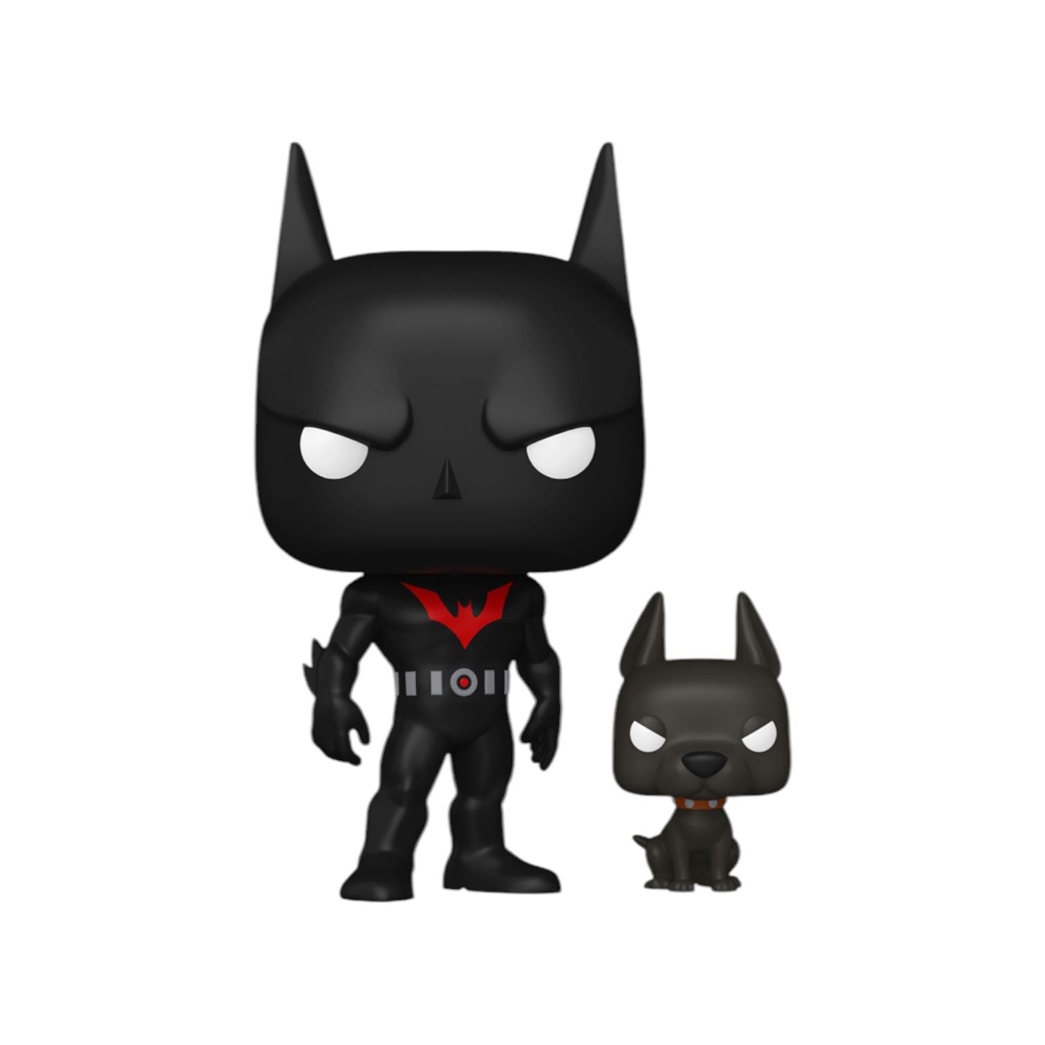 Black superhero figure with red accents and a smaller version of the same figure on a white background