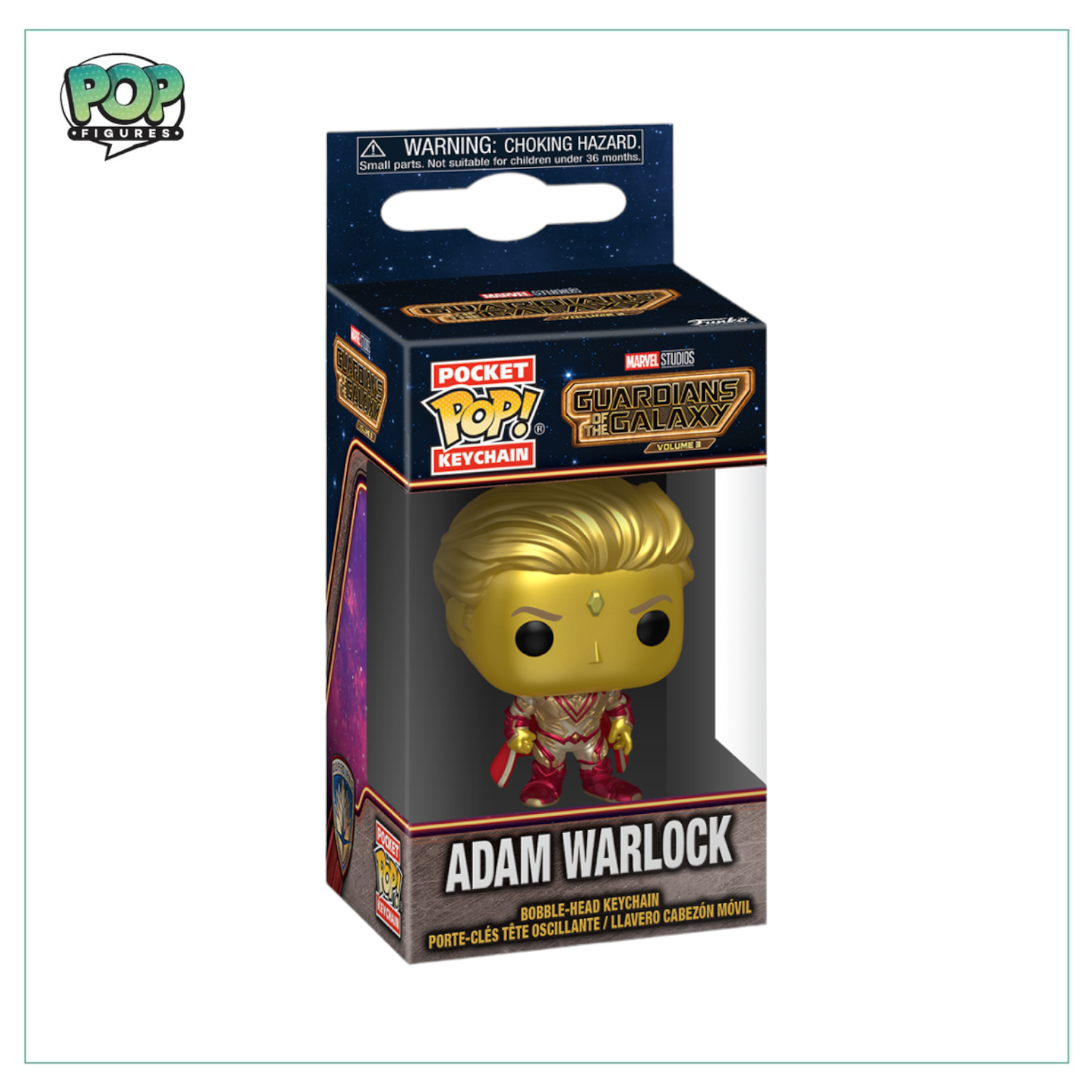 Funko Pocket Pop! keychain of Adam Warlock from Guardians of the Galaxy Vol. 3, showcasing his iconic look in miniature form.