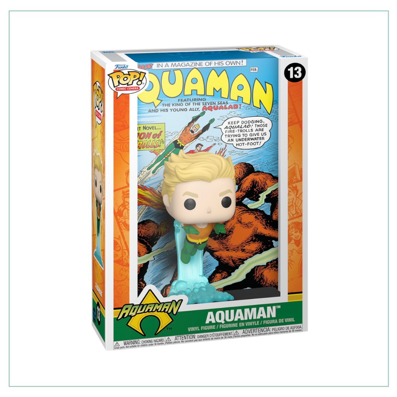 Funko Pop! comic cover of Aquaman #13 featuring Aquaman in his classic superhero pose with vibrant colors.
