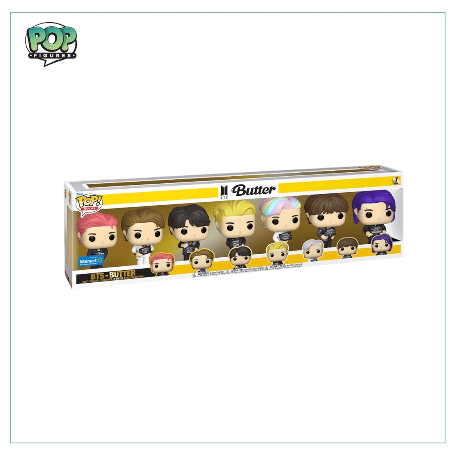 Seven Funko Pop figures of BTS members in Butter-themed attire, featuring detailed designs and playful expressions.