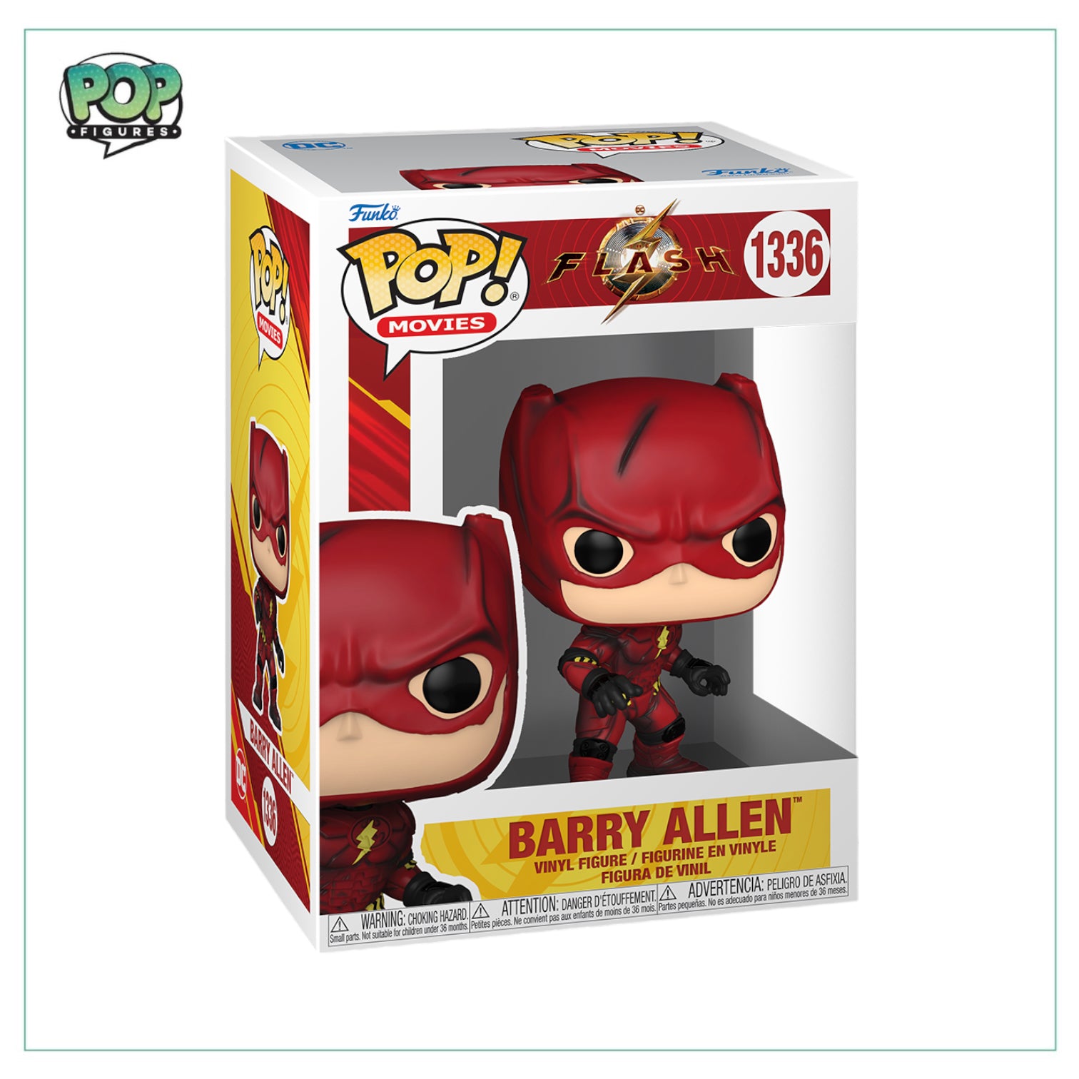 Barry Allen #1336 Funko Pop! figure, featuring The Flash in his classic red costume with a bright yellow lightning bolt.