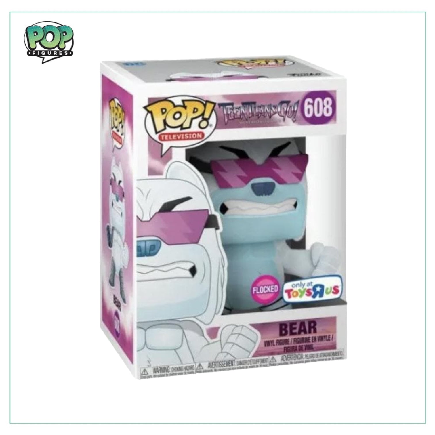 Flocked Bear Funko Pop! #608, a Toys R Us exclusive from Teen Titans Go, designed with a fun and vibrant aesthetic.