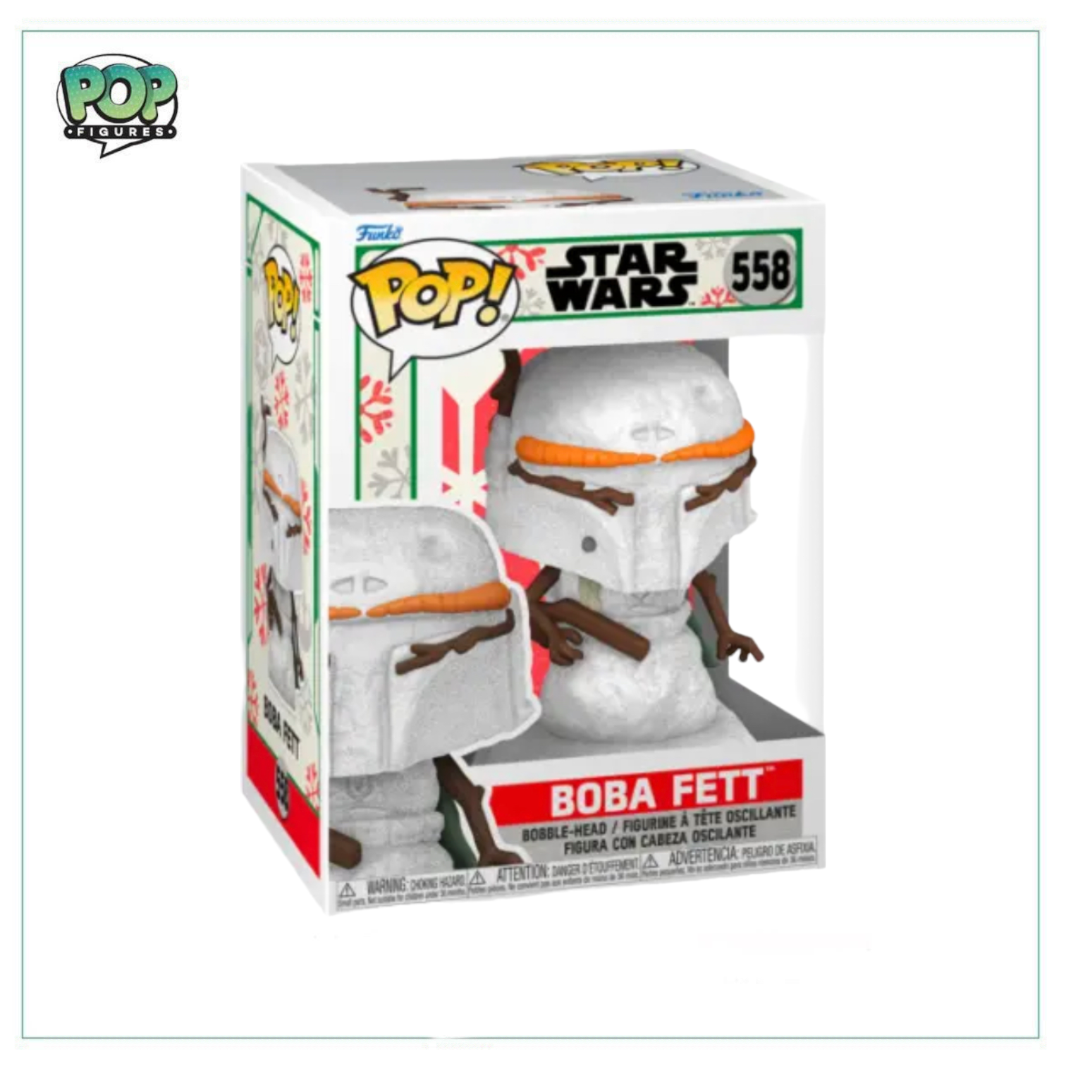 Snowman Edition Boba Fett #558 Funko Pop! from Star Wars, showcasing a playful winter-themed character design.