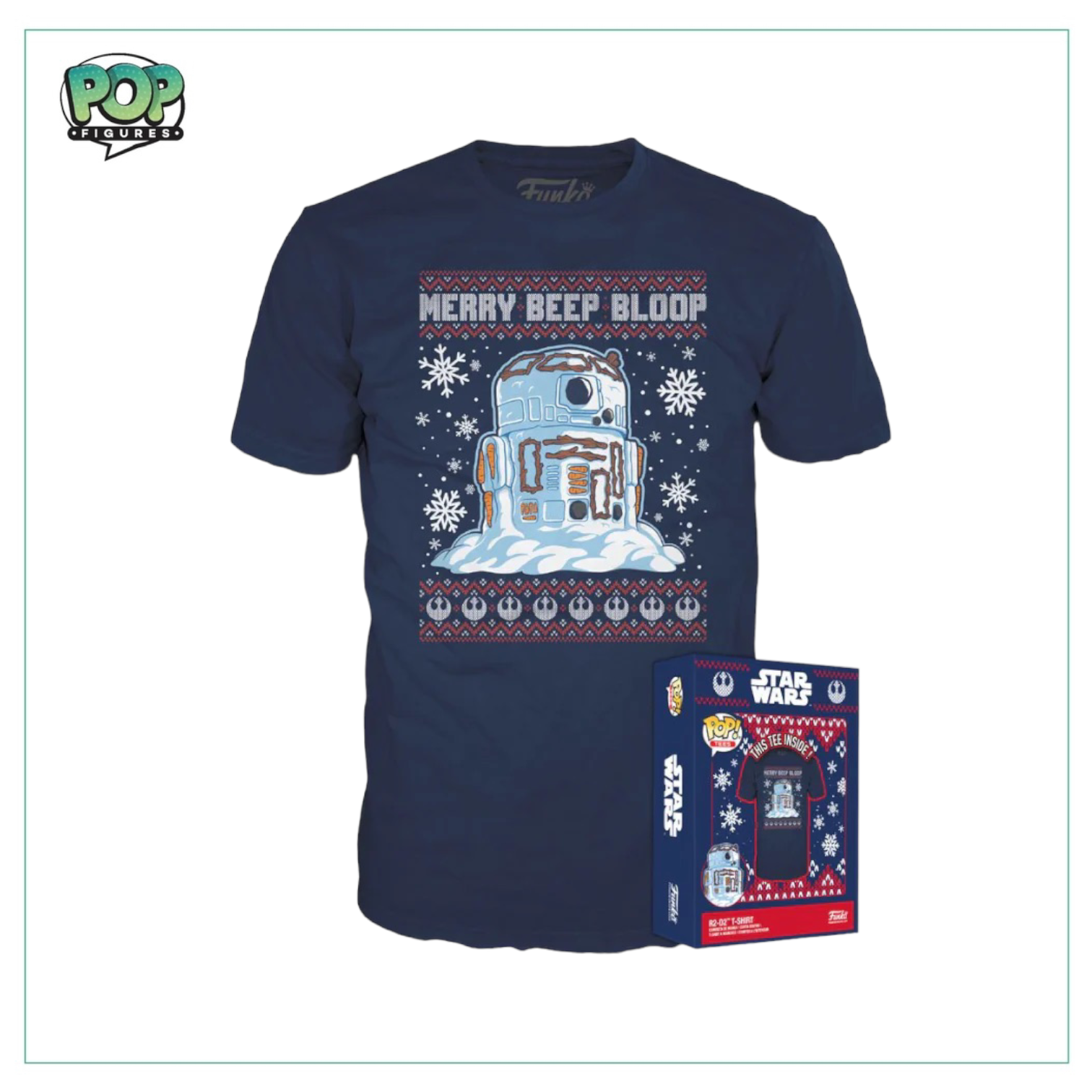 Star Wars-themed t-shirt showcasing R2-D2 as a snowman with "Merry Beep Bloop," great for holiday cheer!