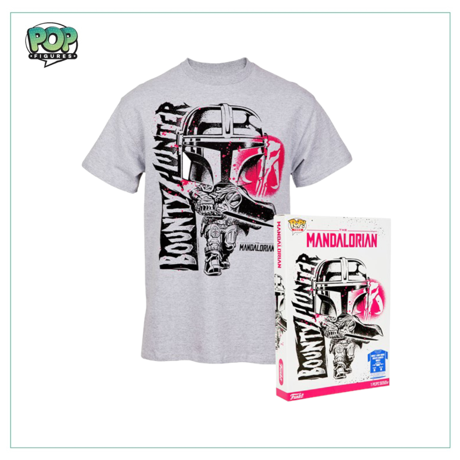 Funko T-shirt of The Mandalorian, presented in a box, celebrating the iconic Star Wars character.