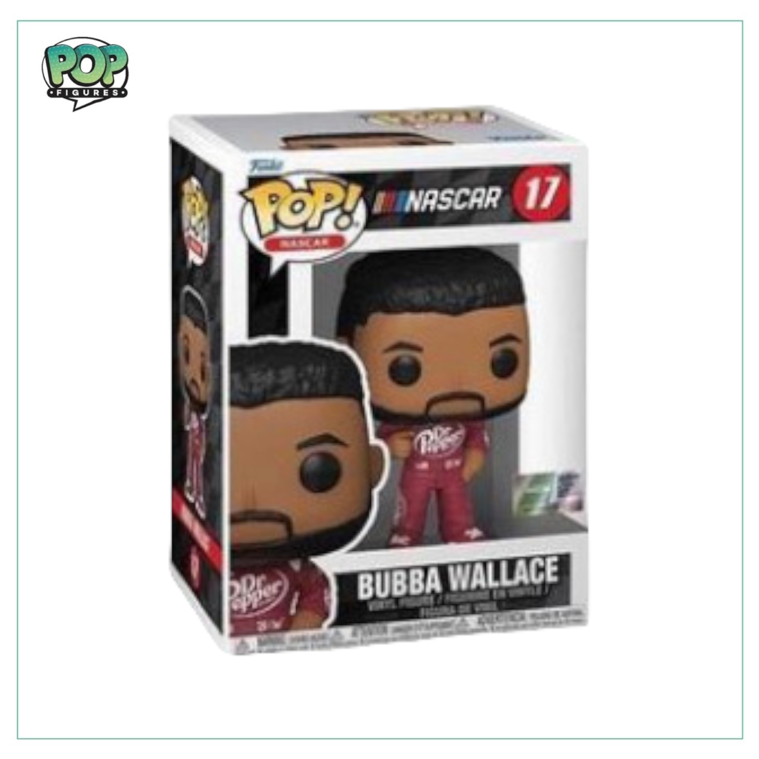 Funko Pop! figure of Bubba Wallace in his #17 NASCAR uniform, showcasing his racing spirit and style.