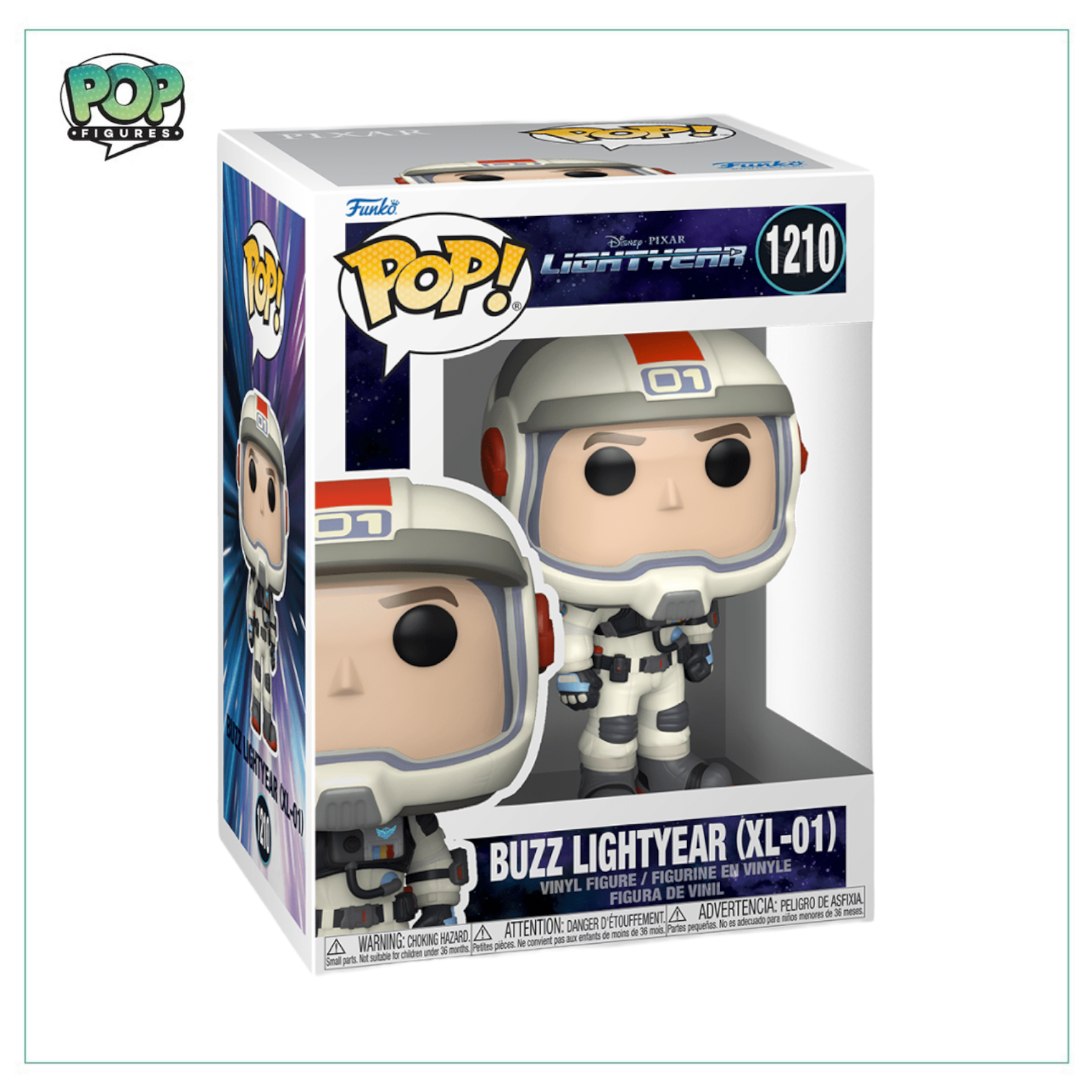 Buzz Lightyear Funko Pop! figure in XL-01 suit, #1210 from the Lightyear movie, with a cheerful expression and wings.