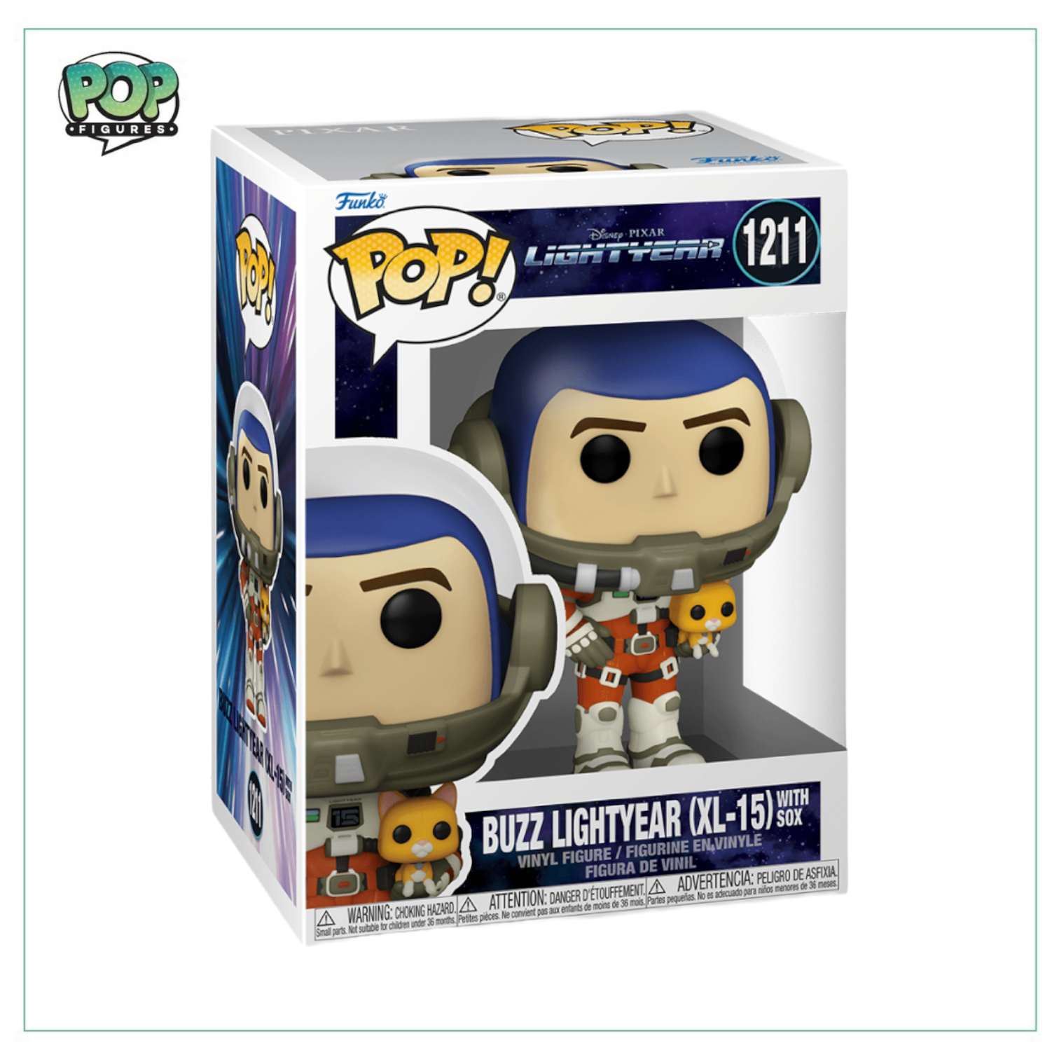 Buzz Lightyear in XL-15 suit with Sox, Funko Pop! figure from Lightyear, showcasing vibrant colors and detailed design.