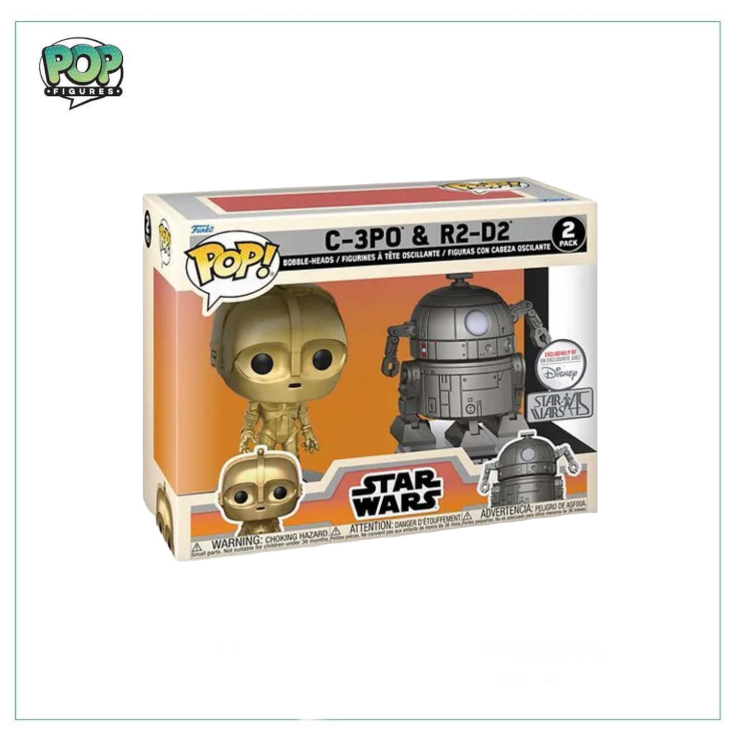 C-3PO and R2-D2 Funko figures in a special 2-pack, perfect for Star Wars fans and collectors. Disney exclusive!