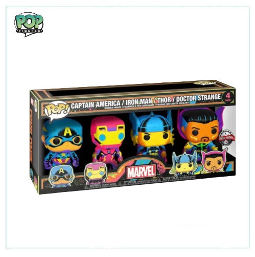 Deluxe Funko 4 Pack featuring Captain America, Iron Man, Thor, and Doctor Strange in a special blacklight edition.