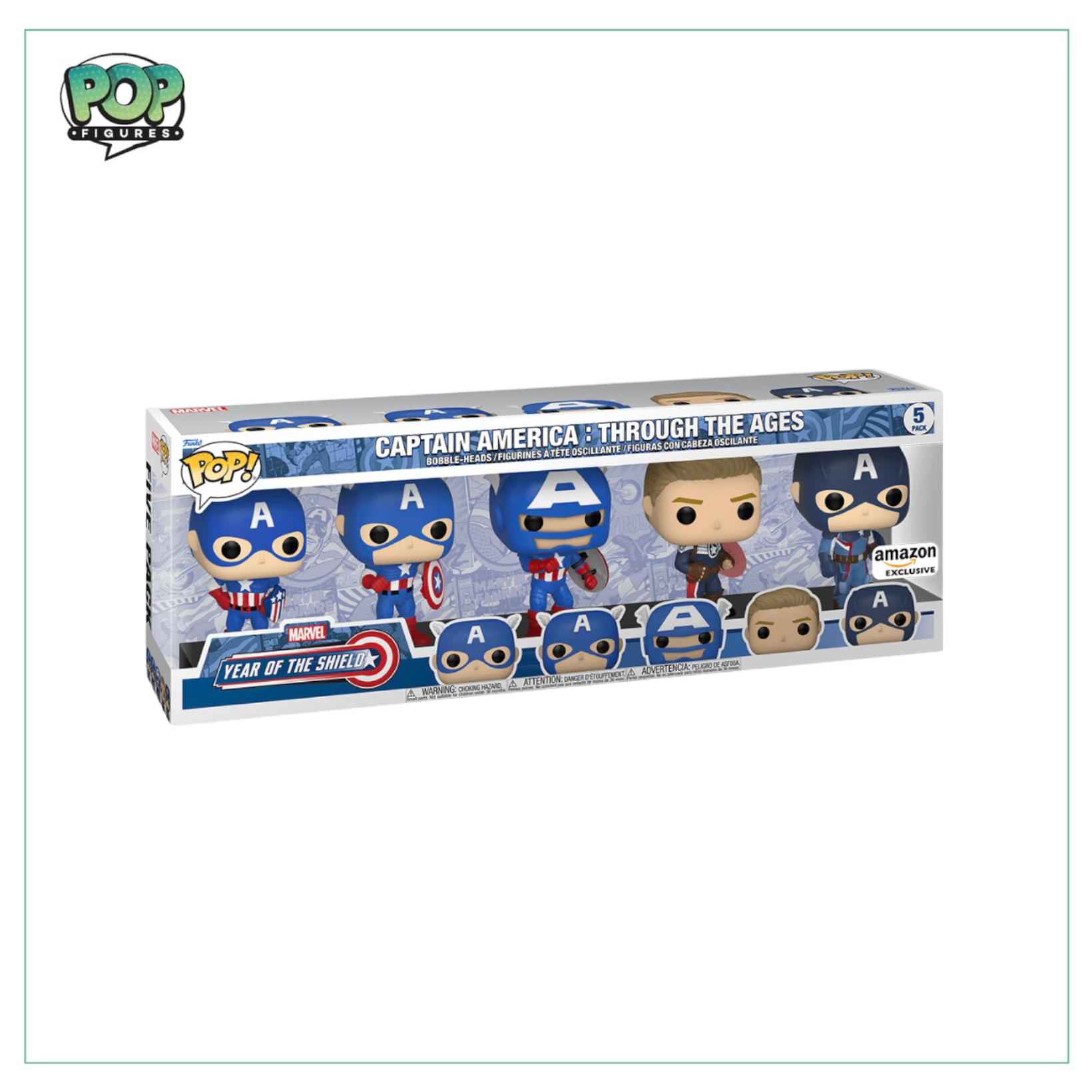 Deluxe 5-pack of Captain America Funko Pops, featuring his iconic looks through the years, available exclusively on Amazon.