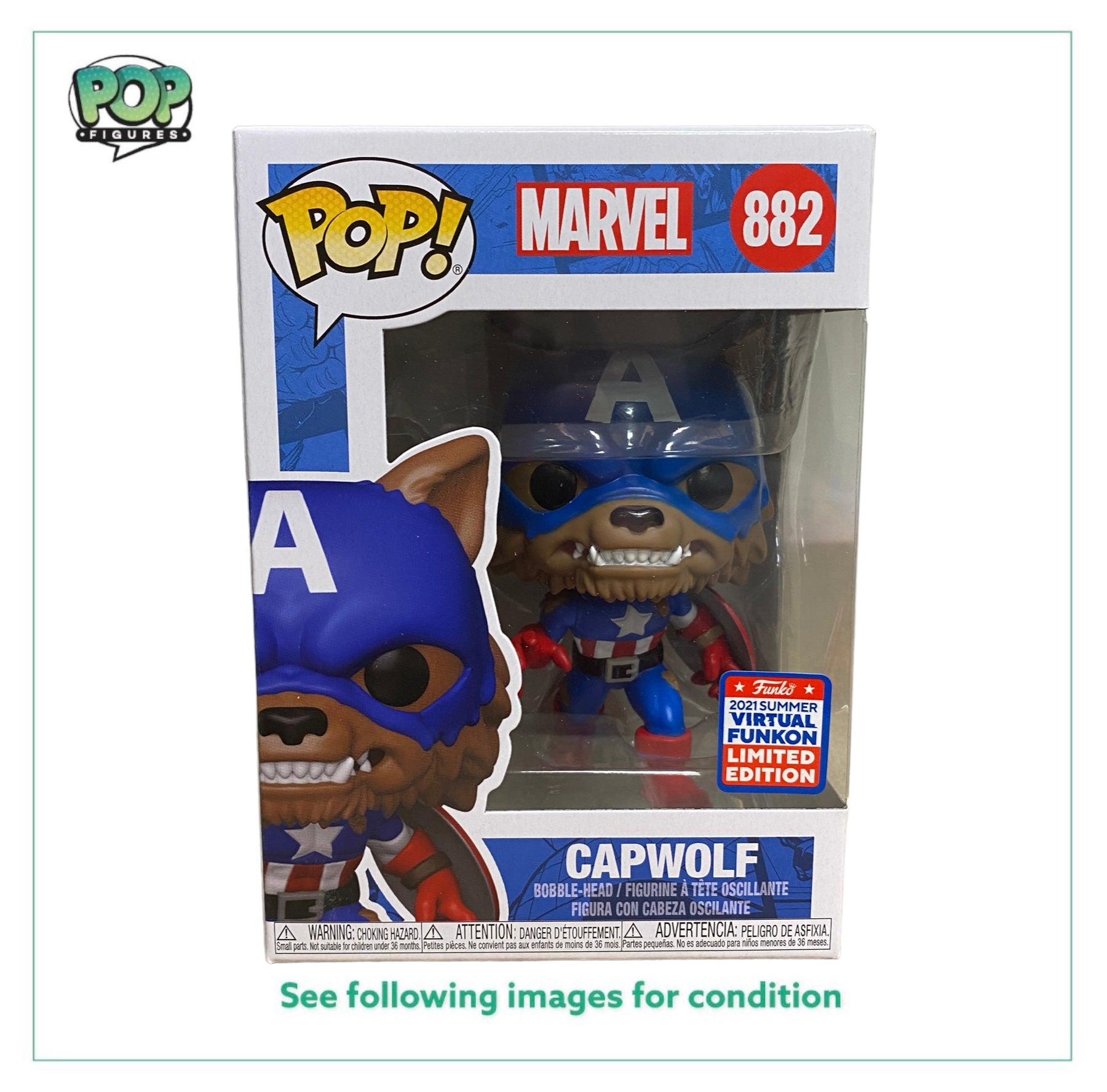 Capwolf #882 Funko Pop! from Marvel, exclusive to Virtual Funkon 2021, in excellent condition (9.5/10).
