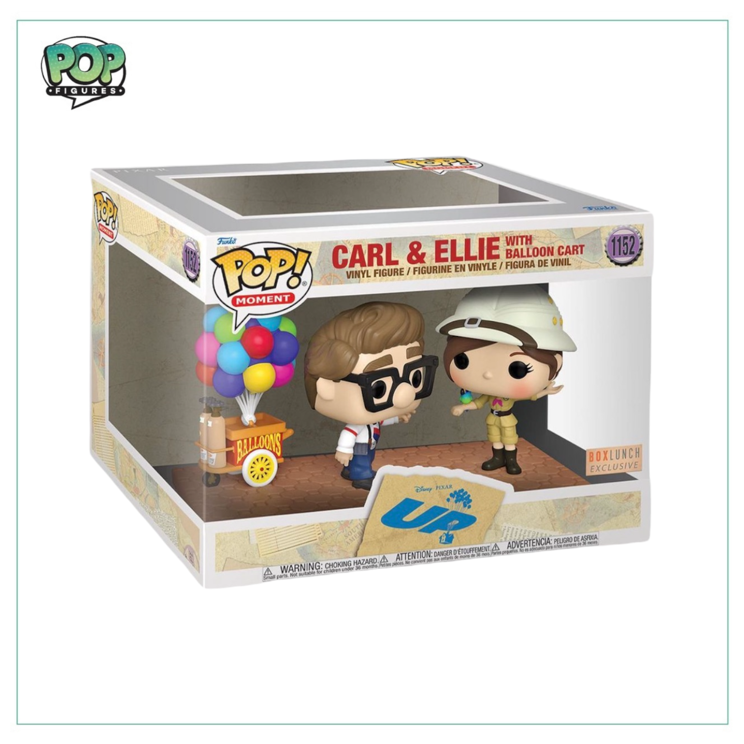 Carl and Ellie from UP with a colorful balloon cart, featured in a Box Lunch exclusive Funko Pop! collectible.
