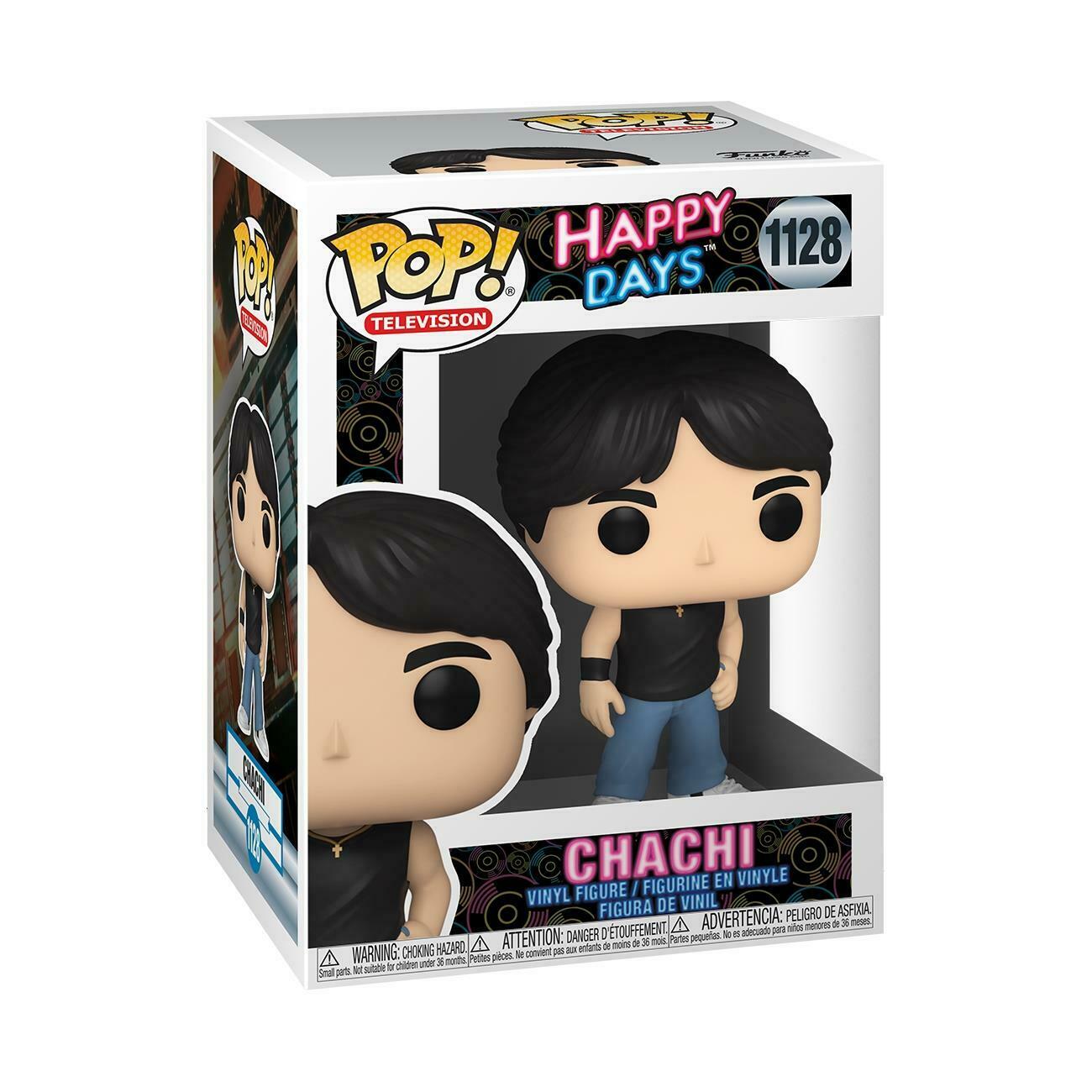Chachi #1128 Funko Pop! from Happy Days, showcasing a cheerful character in classic 1970s fashion, ideal for display.