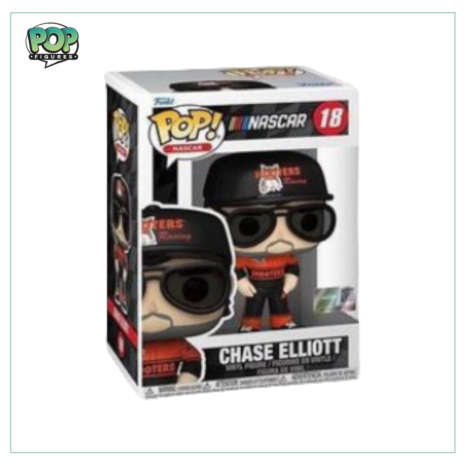 Chase Elliott #18 Funko Pop! figure, showcasing the NASCAR driver in a vibrant collectible design.