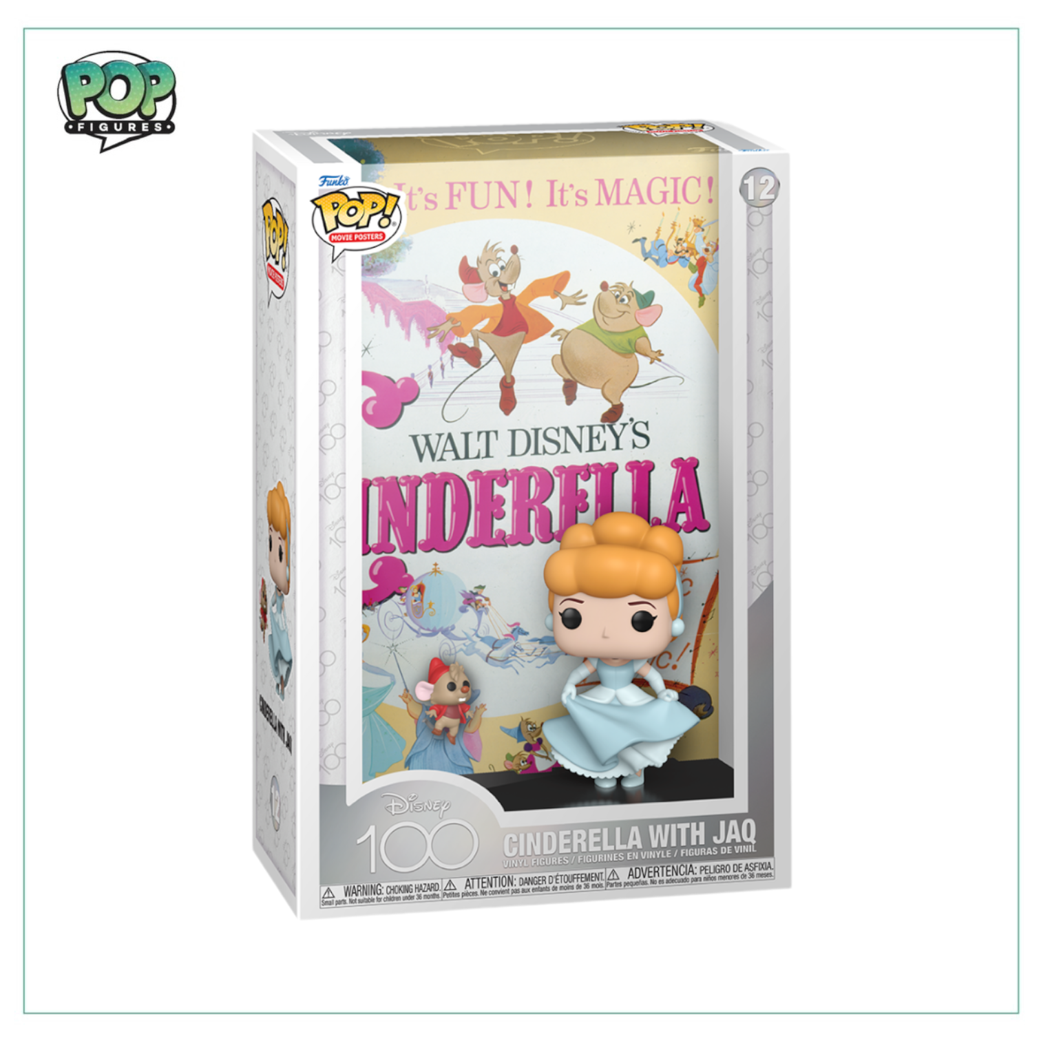 Funko Pop! poster featuring Cinderella and Jaq, celebrating Disney's 100th anniversary with vibrant colors and playful design.