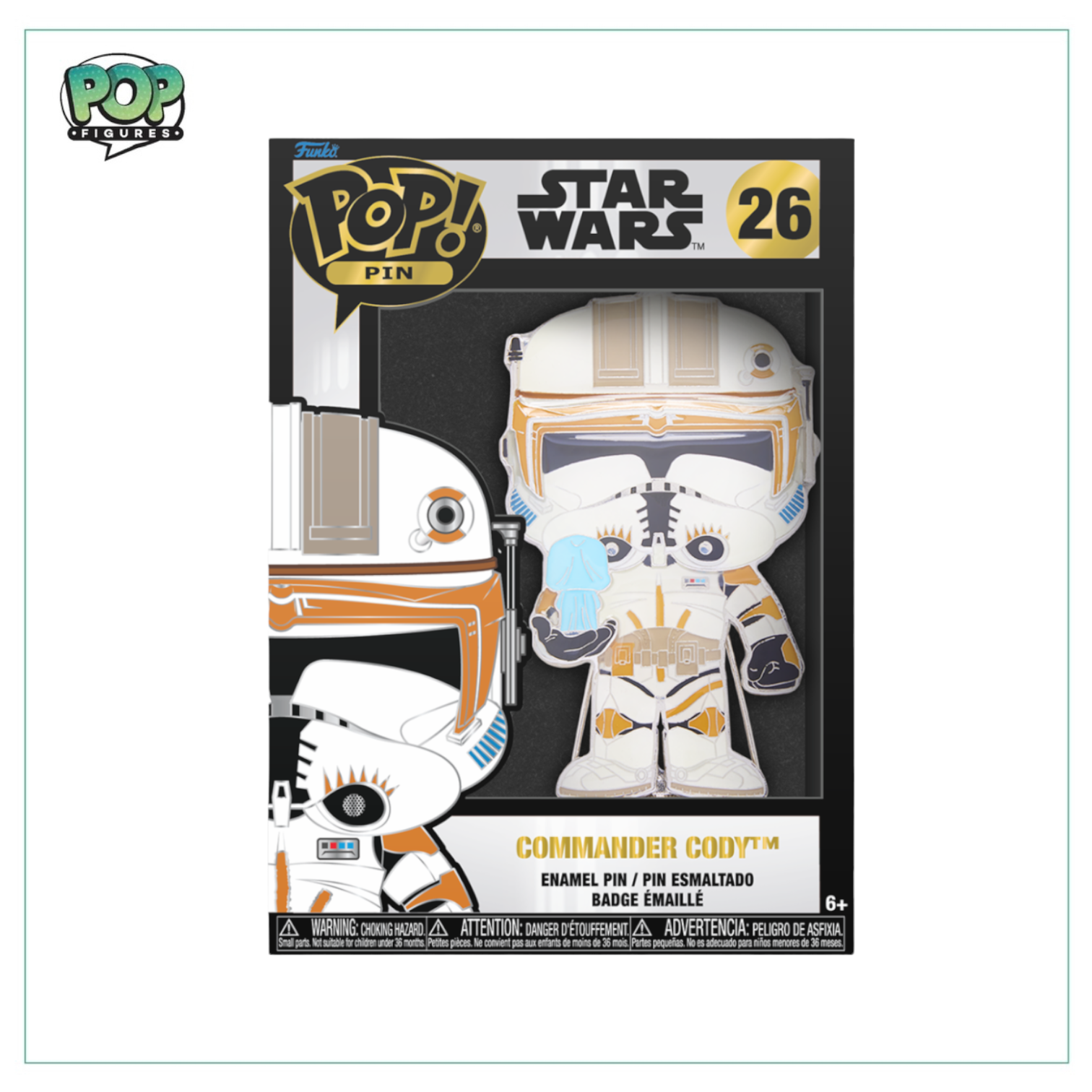 Commander Cody #26 Funko Enamel Pop Pin from Star Wars, showcasing a striking design and vivid colors.