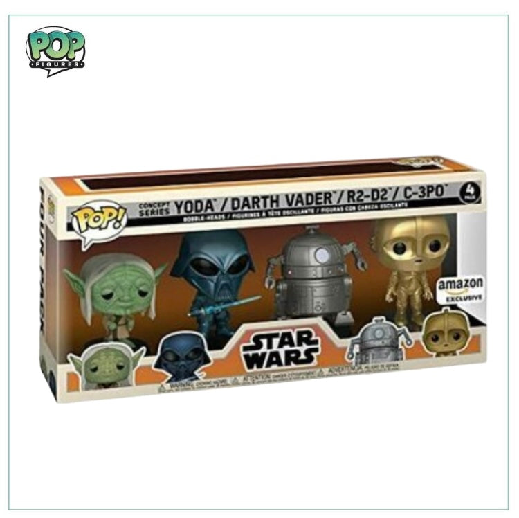 Funko Deluxe 4 Pack featuring Yoda, Darth Vader, R2-D2, and C-3PO. An exclusive Star Wars set from Amazon.