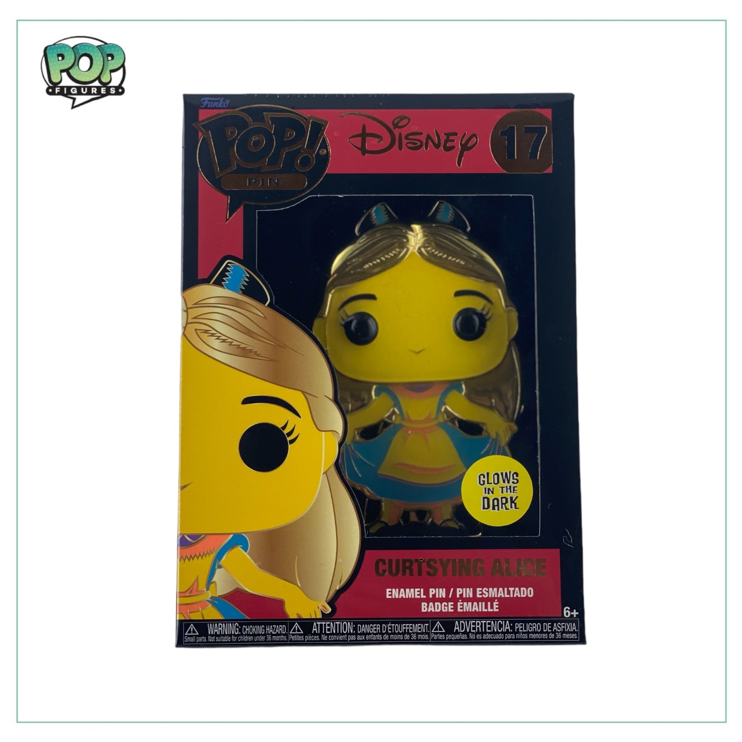 Curtsying Alice enamel pop pin from Alice in Wonderland, featuring a glow-in-the-dark design.