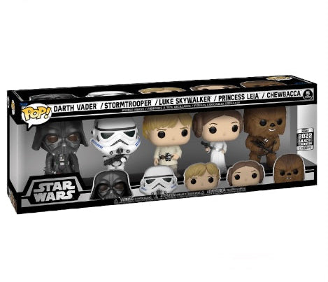 Deluxe Funko 5 Pack featuring Darth Vader, Stormtrooper, Luke Skywalker, Princess Leia, and Chewbacca. Galactic Convention Exclusive.