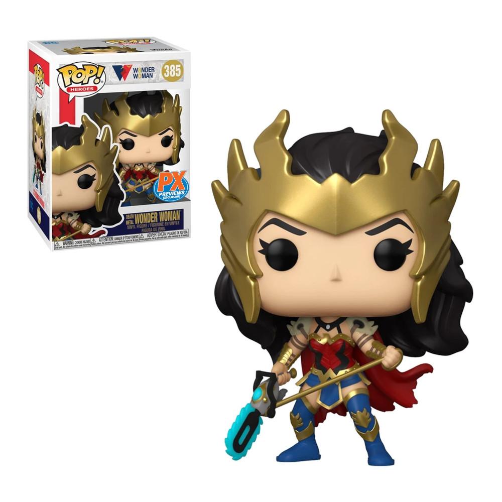 Funko Pop! Death Metal Wonder Woman #385, featuring a fierce design with dark colors and a PX Exclusive sticker.