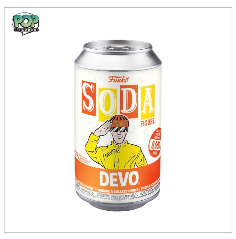 Devo Funko Soda Vinyl Figure featuring Rocks, limited to 8000 pieces, with a chance to find a rare chase variant.