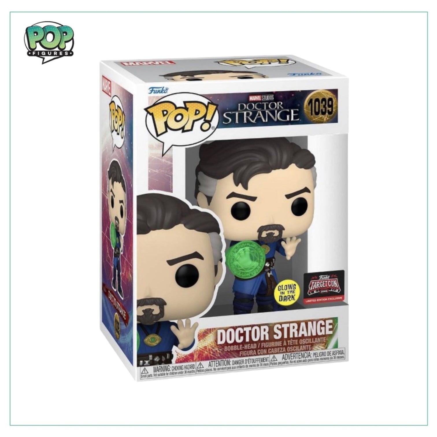 Doctor Strange #1039 Funko Pop! figure, exclusive to Target Con 2023, features a glow-in-the-dark design.