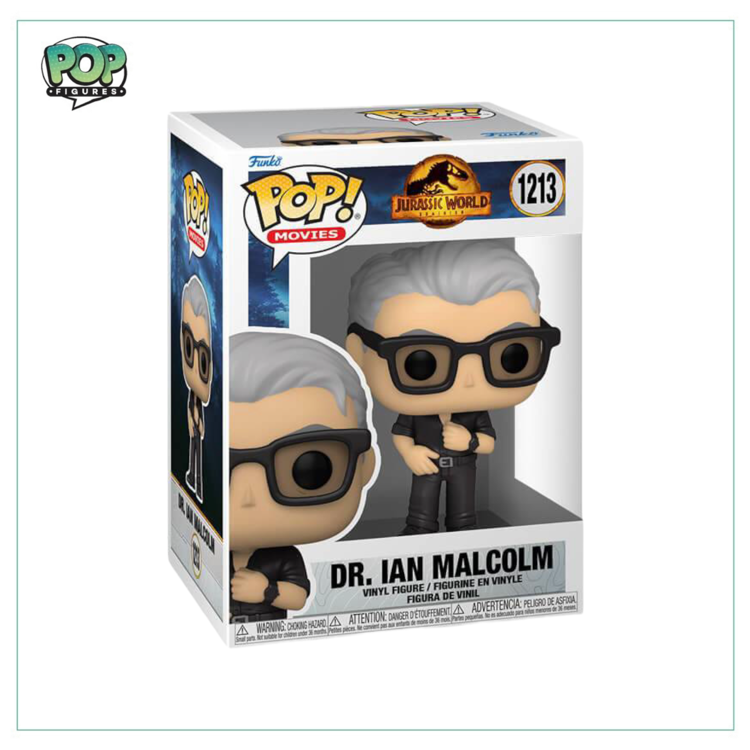 Dr. Ian Malcolm Funko Pop! from Jurassic World 3: Dominion, featuring his classic outfit and signature pose.