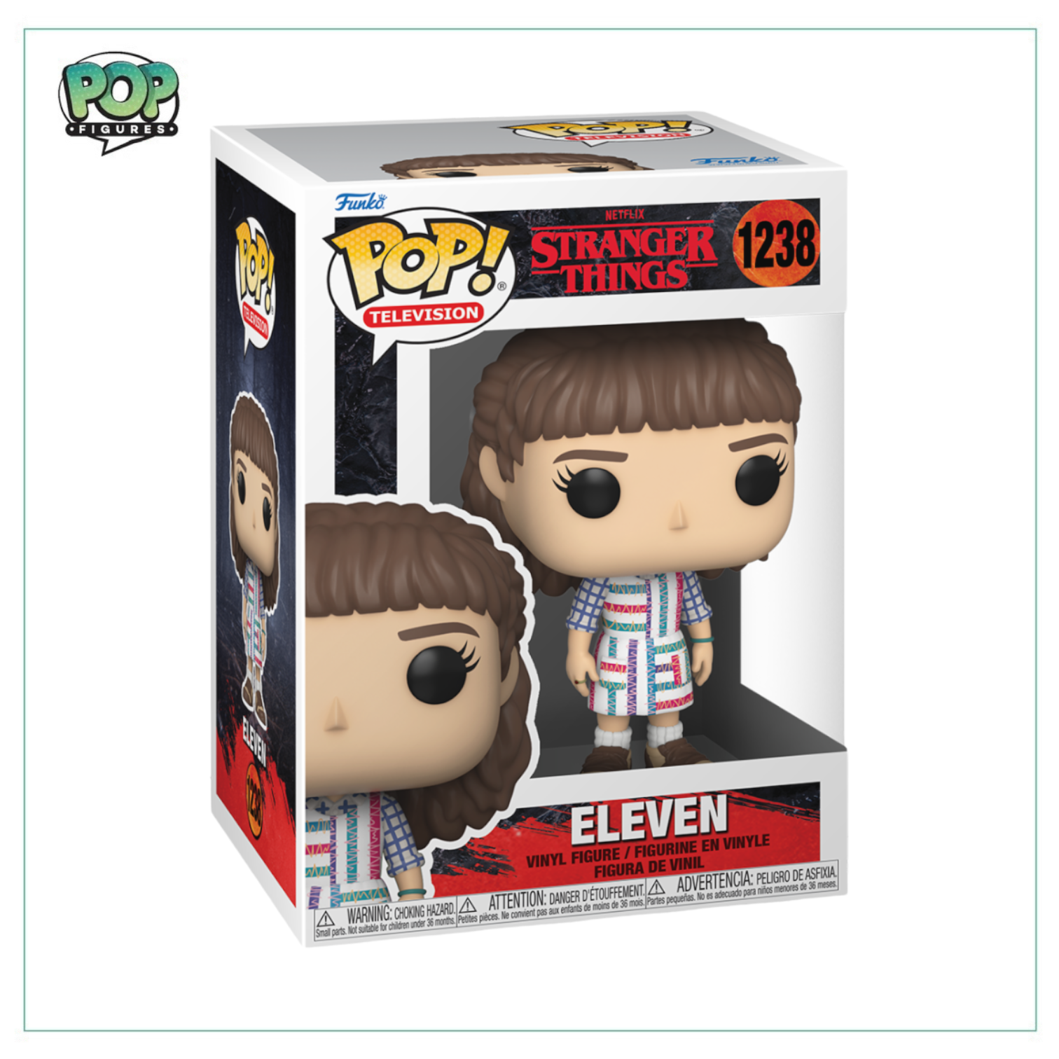 Funko Pop! figure of Eleven #1238 from Stranger Things, featuring her signature hairstyle and outfit, embodying her character's strength.