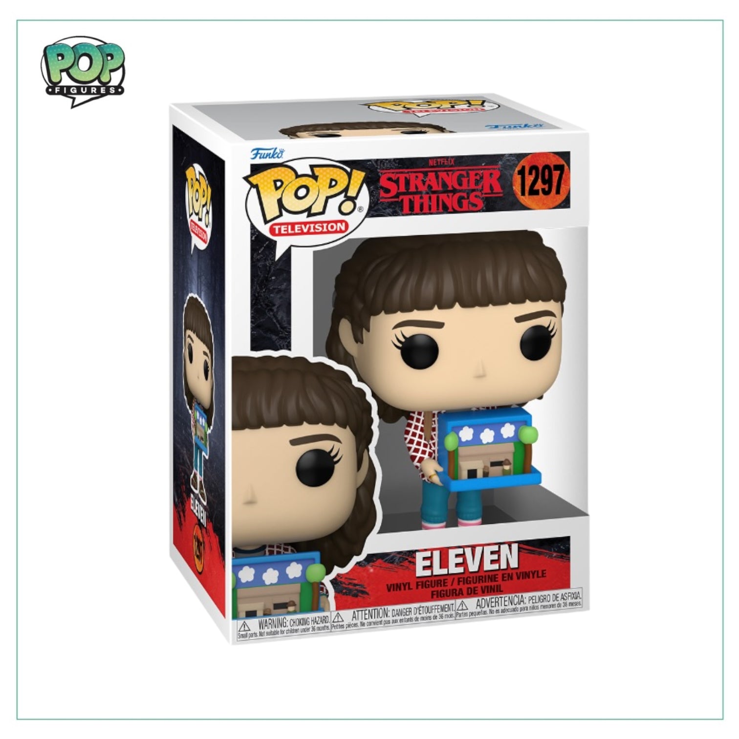 Eleven from Stranger Things as a Funko Pop! figure, featuring her signature outfit and a determined expression.