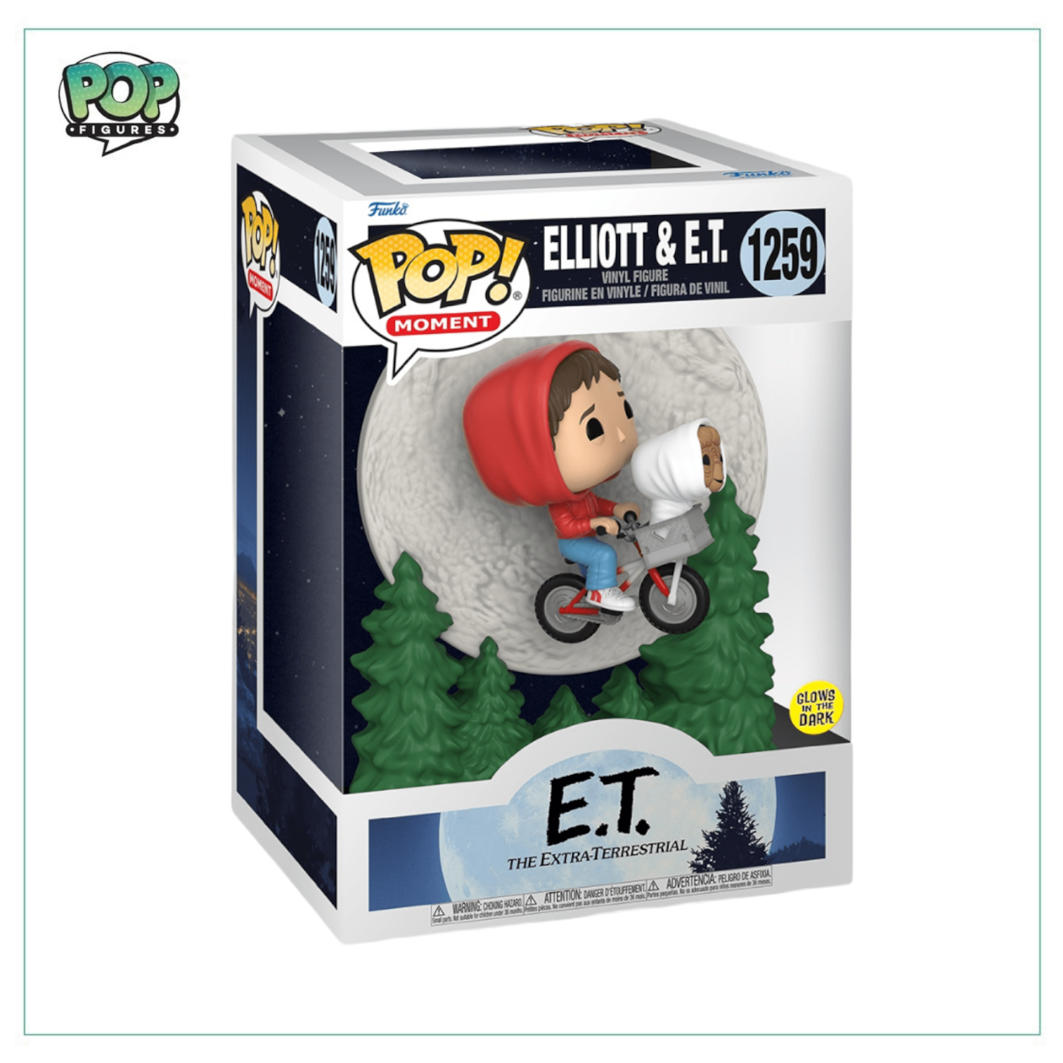 Funko Pop! #1259 showcases Elliott with E.T., both glowing in the dark, celebrating their iconic friendship from the movie.